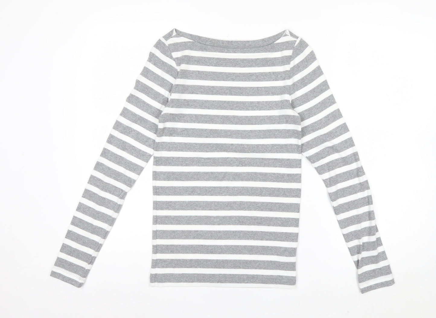 GAP Women Grey White Striped Boat Neck Long Sleeve T-Shirt Size S