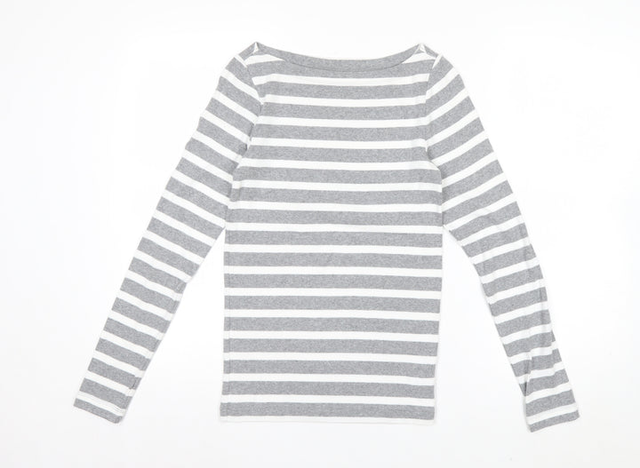 GAP Women Grey White Striped Boat Neck Long Sleeve T-Shirt Size S