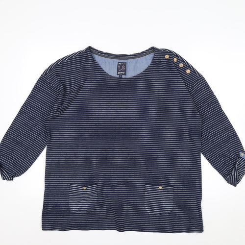 Mantaray Women Blue Striped 3/4 Sleeve Cotton Jersey Top Size 16