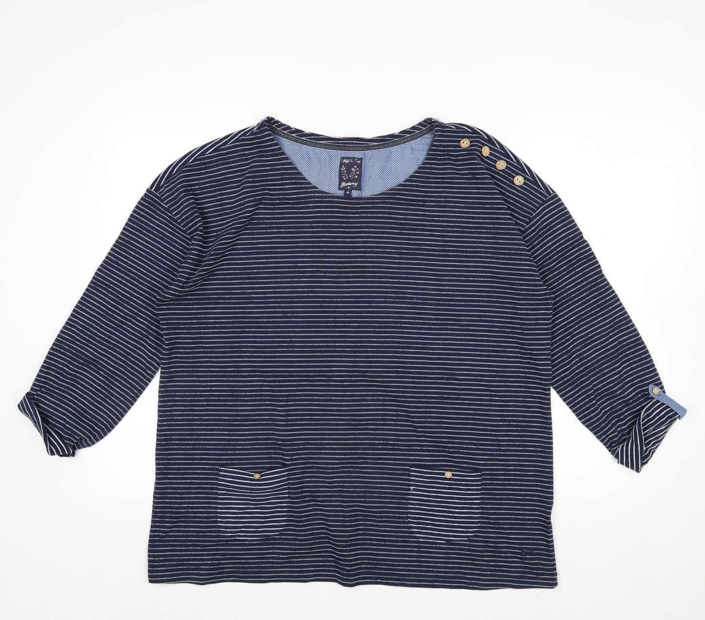 Mantaray Women Blue Striped 3/4 Sleeve Cotton Jersey Top Size 16
