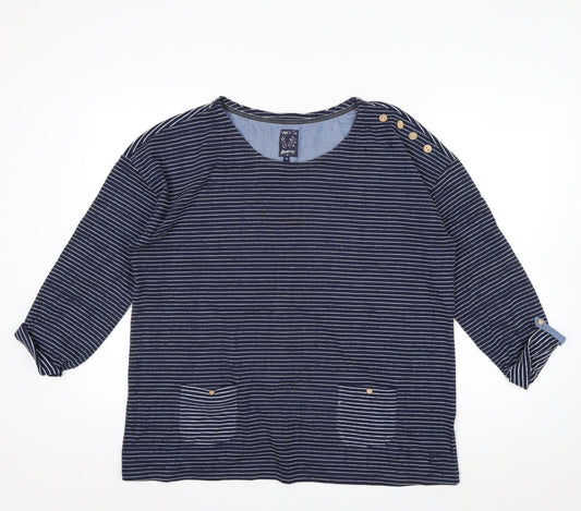 Mantaray Women Blue Striped 3/4 Sleeve Cotton Jersey Top Size 16