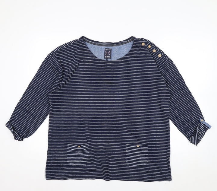 Mantaray Women Blue Striped 3/4 Sleeve Cotton Jersey Top Size 16