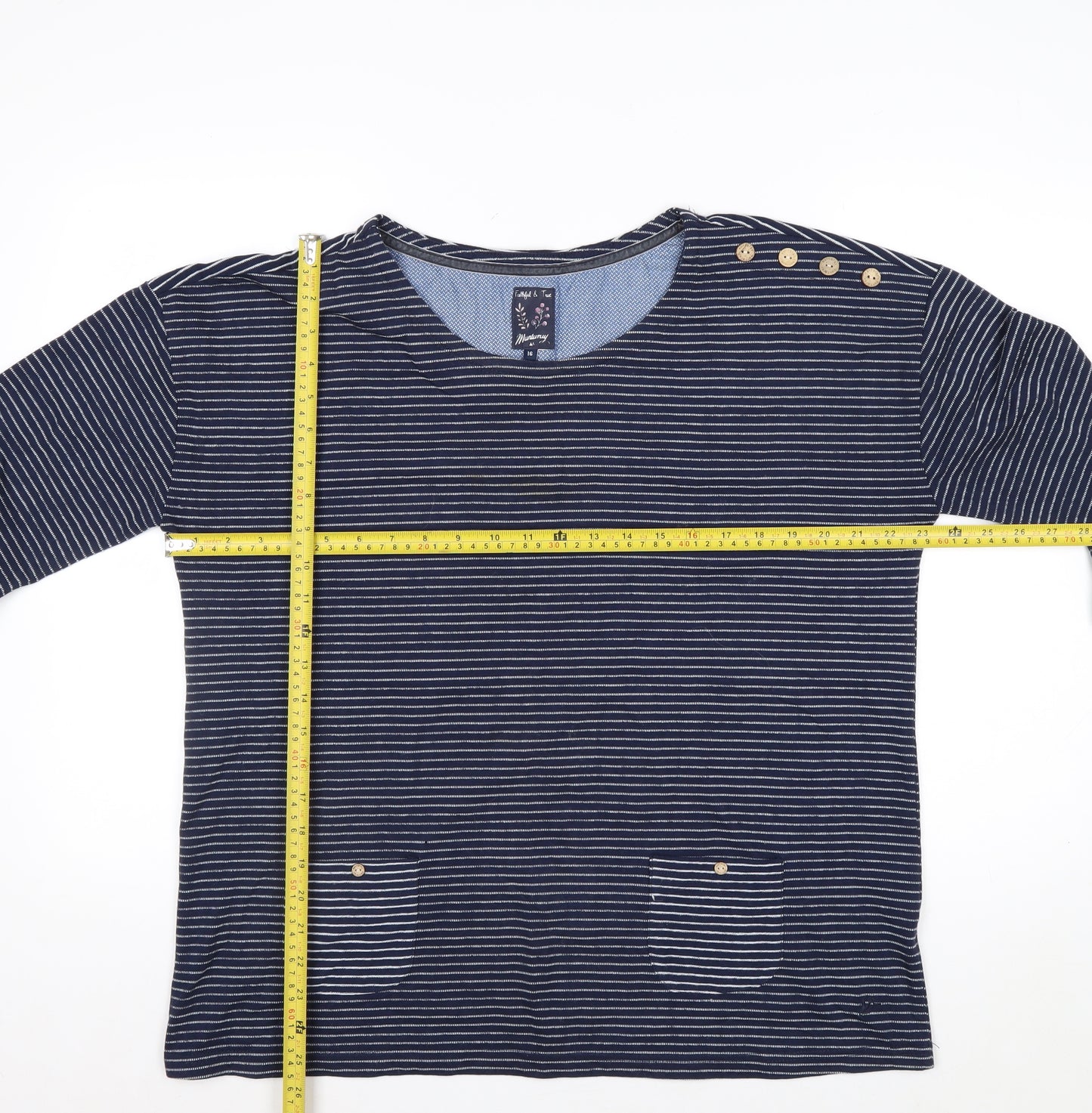 Mantaray Women Blue Striped 3/4 Sleeve Cotton Jersey Top Size 16