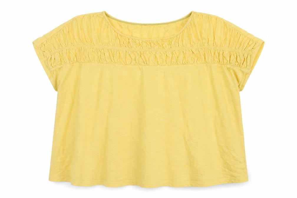 Front view of White Stuff women’s yellow cotton tunic blouse, size UK 24
