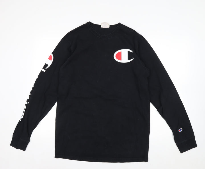Champion Men's Black Long Sleeve Logo Top Size L Cotton