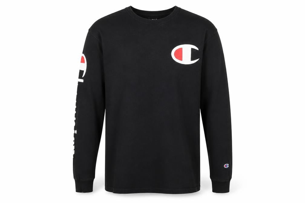 Front view of Champion Men's Black Long Sleeve Logo Top, size L, Cotton