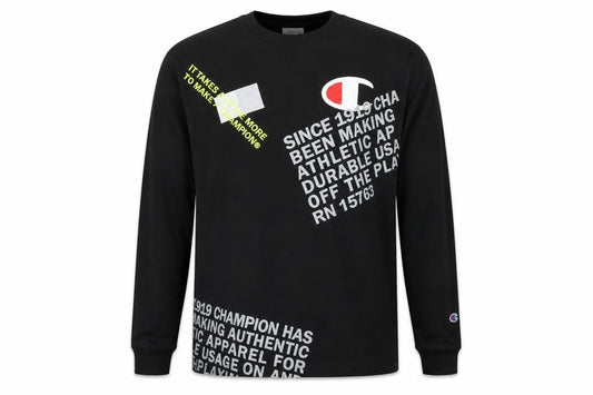 Front view of Champion Men's Black Long Sleeve Graphic Sports Top, size M