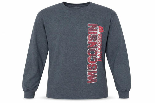 Front view of Gildan Men's Grey Wisconsin Badgers Long Sleeve Graphic Shirt, size S