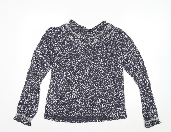 Marks and Spencer Women's Blue Floral High Neck Cotton Blouse Size 8