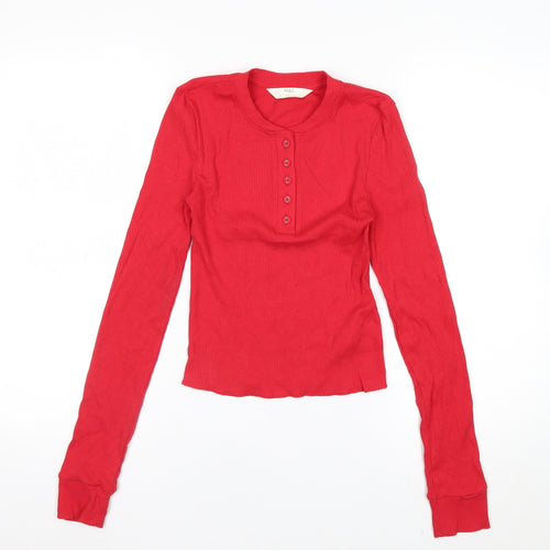 Marks and Spencer Women's Red Henley Button-Up Top Size 6 Tall