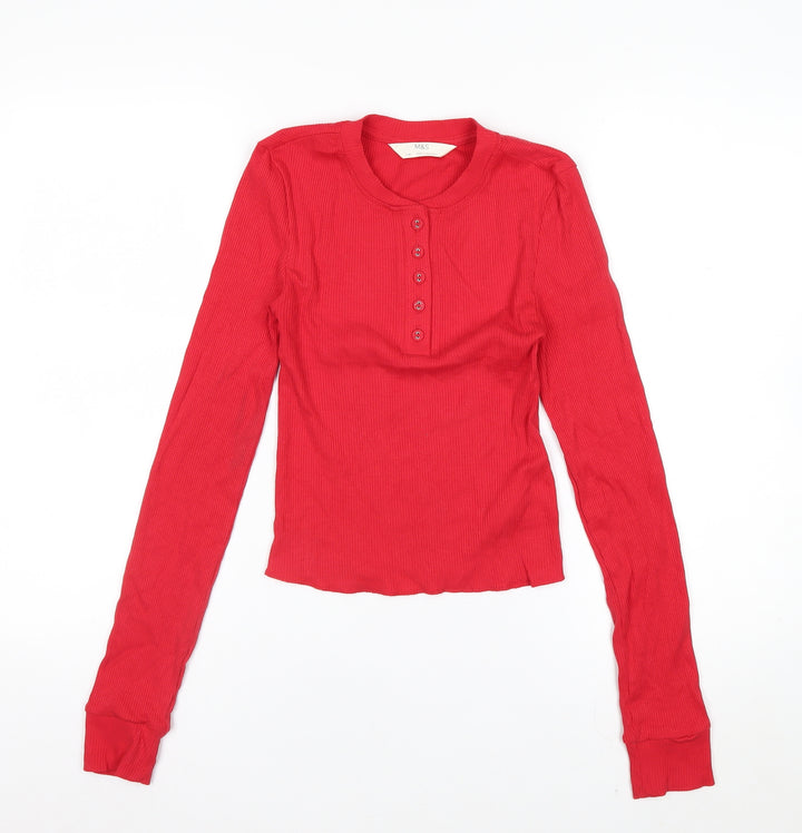 Marks and Spencer Women's Red Henley Button-Up Top Size 6 Tall