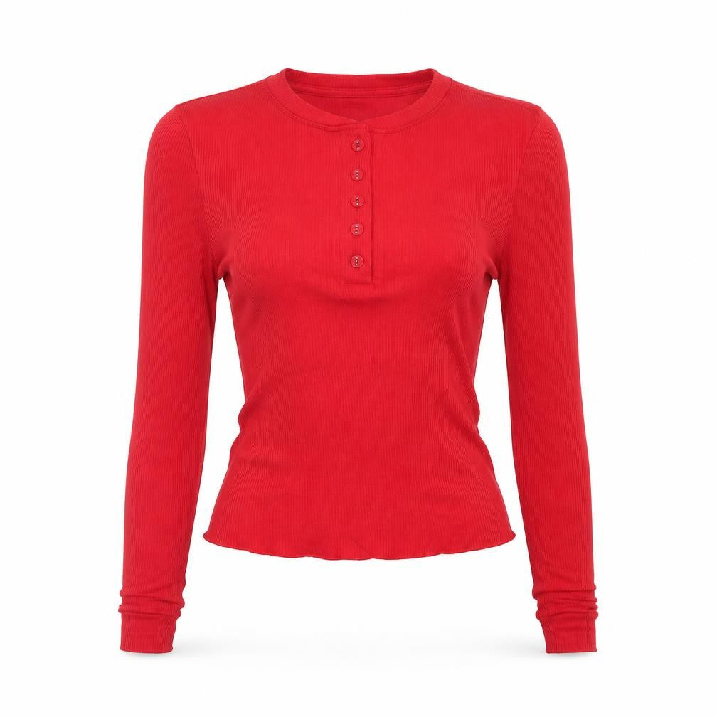 Front view of Marks & Spencer Women's Red Henley Button-Up Top, size 6, Tall