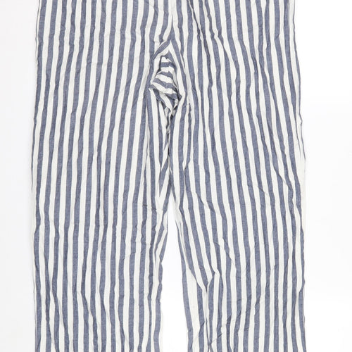 Marks and Spencer Women Blue White Striped Cotton Wide-Leg Trousers M