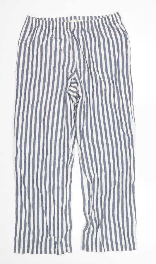 Marks and Spencer Women Blue White Striped Cotton Wide-Leg Trousers M