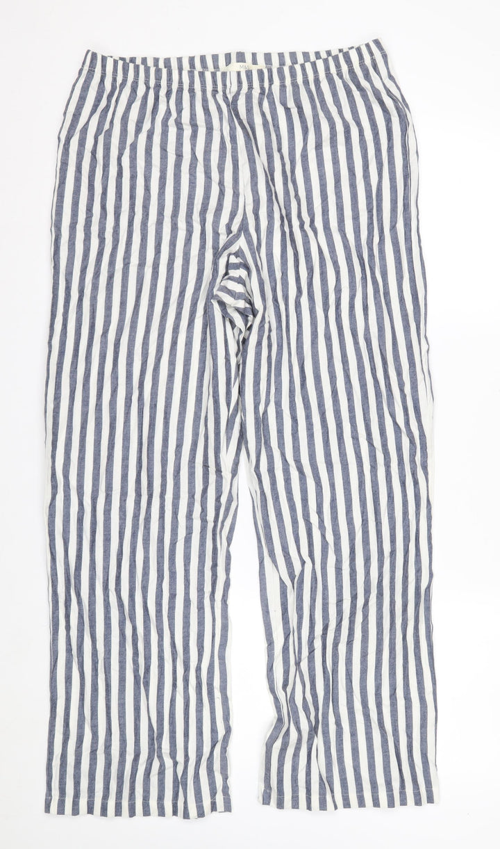 Marks and Spencer Women Blue White Striped Cotton Wide-Leg Trousers M