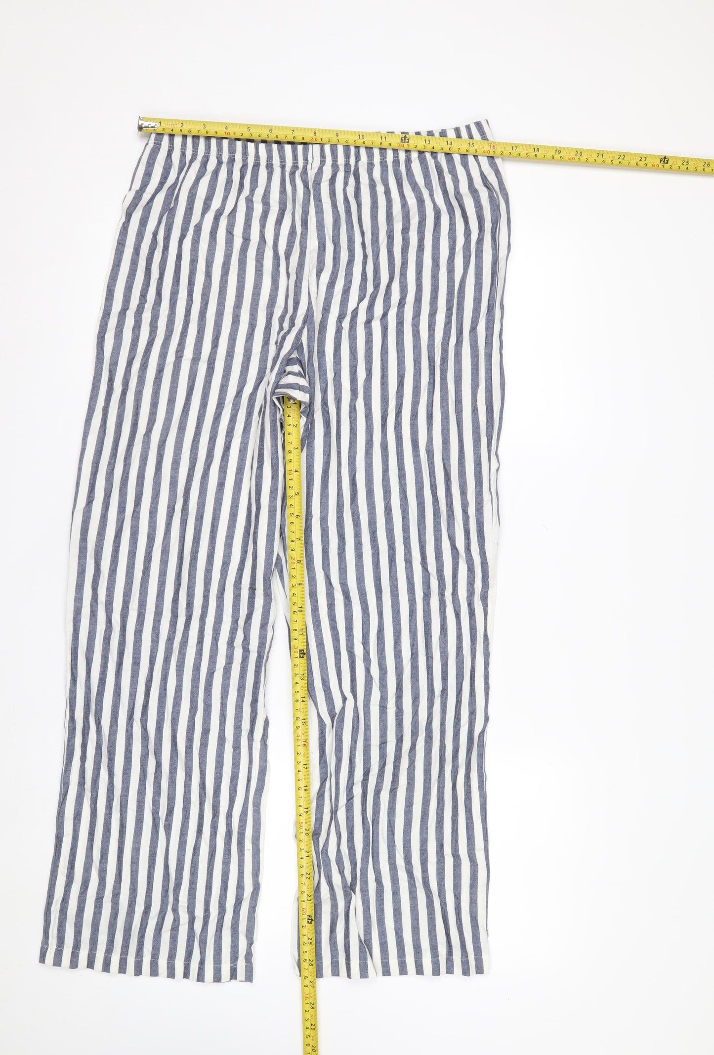 Marks and Spencer Women Blue White Striped Cotton Wide-Leg Trousers M