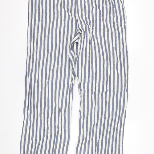 Marks and Spencer Women Blue White Striped Cotton Wide-Leg Trousers M