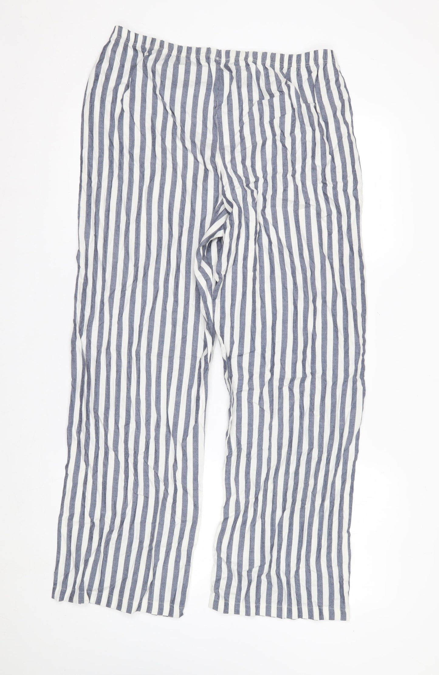 Marks and Spencer Women Blue White Striped Cotton Wide-Leg Trousers M