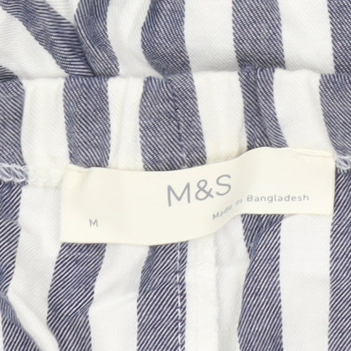 Marks and Spencer Women Blue White Striped Cotton Wide-Leg Trousers M