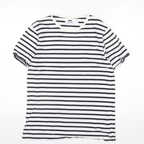Topman Men's White & Navy Striped Short Sleeve Cotton T-Shirt Size S