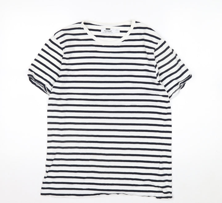 Topman Men's White & Navy Striped Short Sleeve Cotton T-Shirt Size S