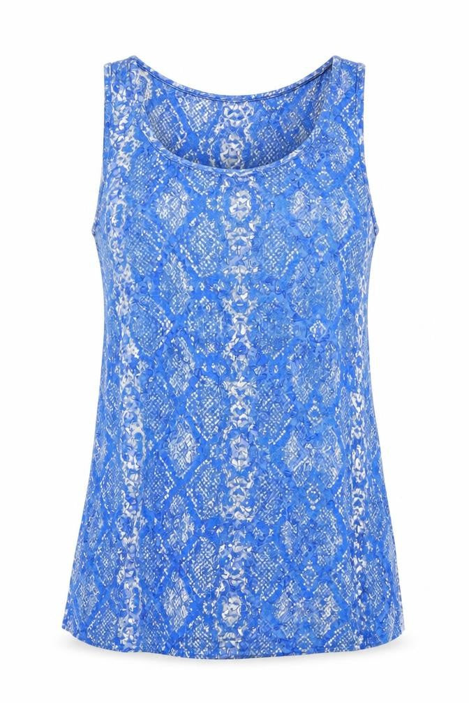 Front view of Ruth Langsford Women's Blue Geometric Sleeveless Tank Top, size M