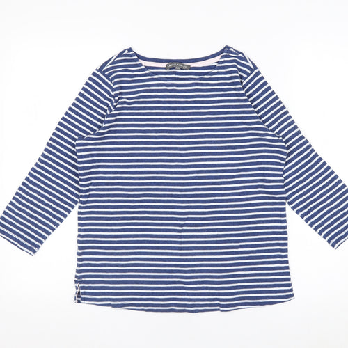 Laura Ashley Women Blue Striped 3/4 Sleeve Cotton T-Shirt UK 10
