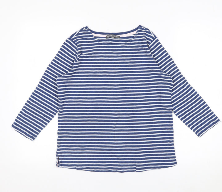 Laura Ashley Women Blue Striped 3/4 Sleeve Cotton T-Shirt UK 10