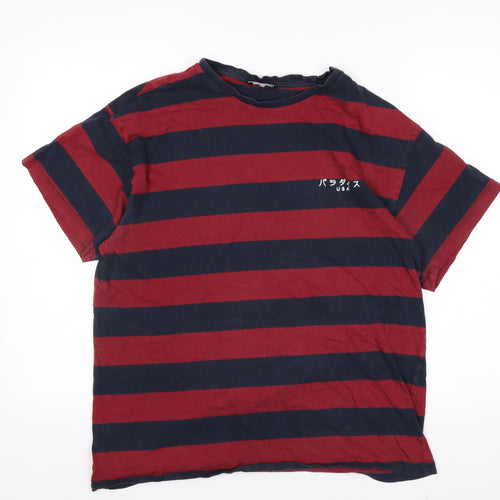 New Look Men Red and Navy Striped Cotton Crew Neck T-Shirt Size L