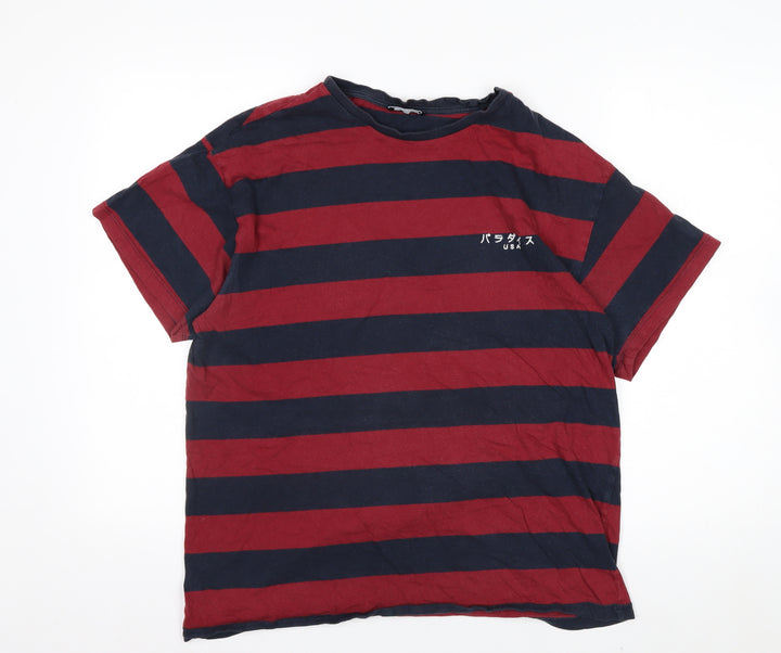 New Look Men Red and Navy Striped Cotton Crew Neck T-Shirt Size L