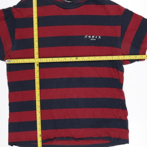 New Look Men Red and Navy Striped Cotton Crew Neck T-Shirt Size L