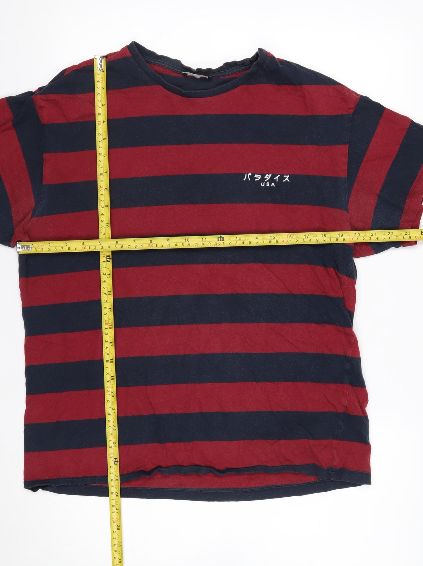 New Look Men Red and Navy Striped Cotton Crew Neck T-Shirt Size L
