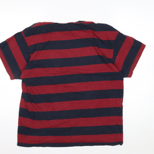 New Look Men Red and Navy Striped Cotton Crew Neck T-Shirt Size L
