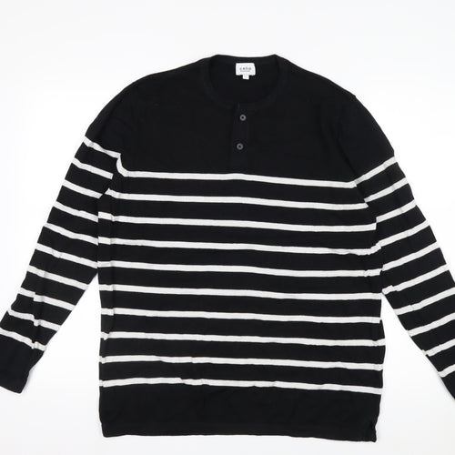 Celio Men's Black Striped L Henley Jumper Cotton Knit