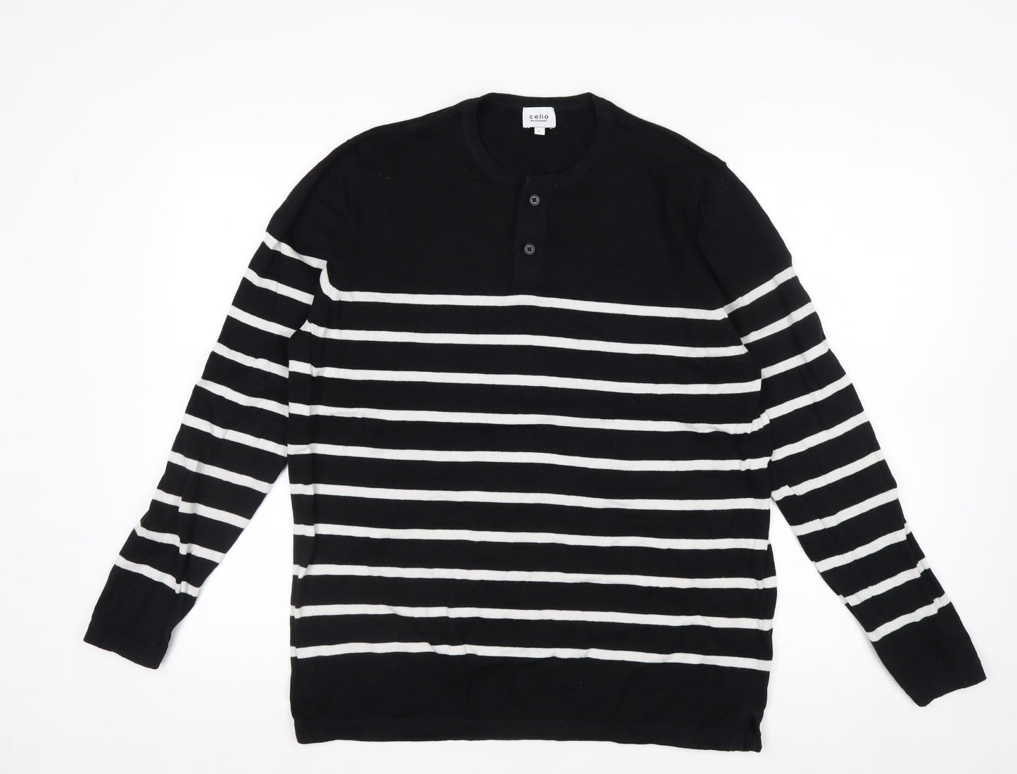 Celio Men's Black Striped L Henley Jumper Cotton Knit