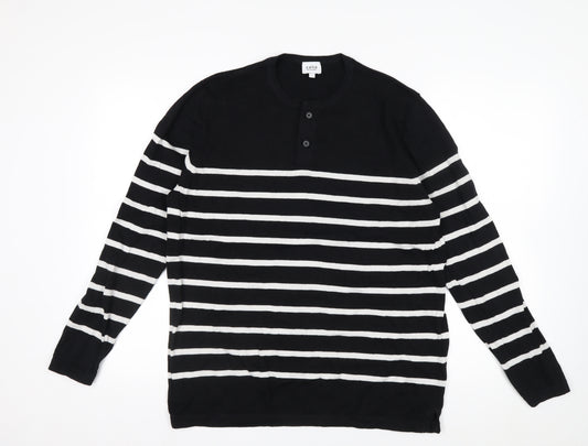 Celio Men's Black Striped L Henley Jumper Cotton Knit