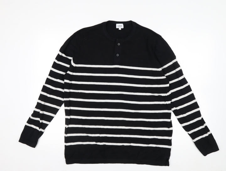 Celio Men's Black Striped L Henley Jumper Cotton Knit