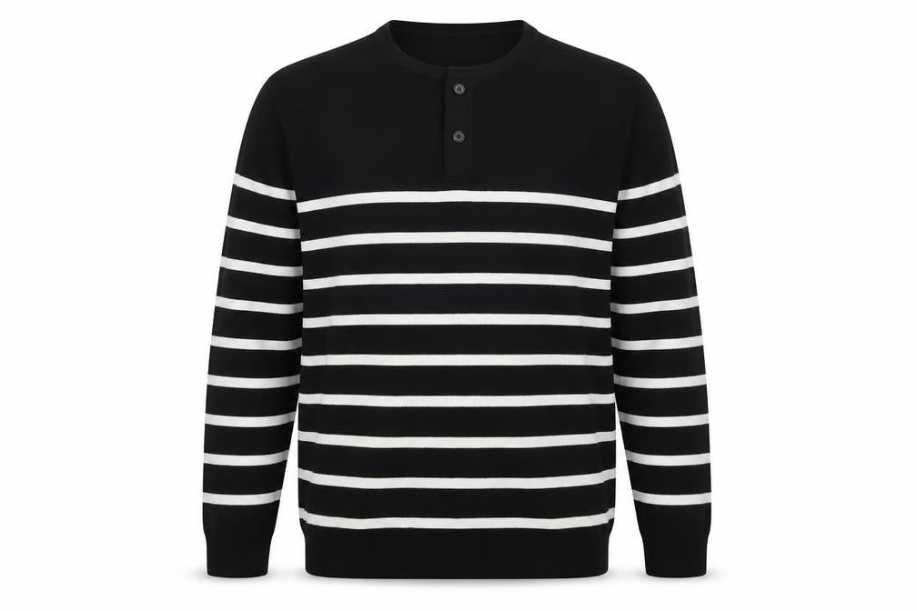 Front view of Celio Men's Black Striped L Henley Jumper Cotton Knit