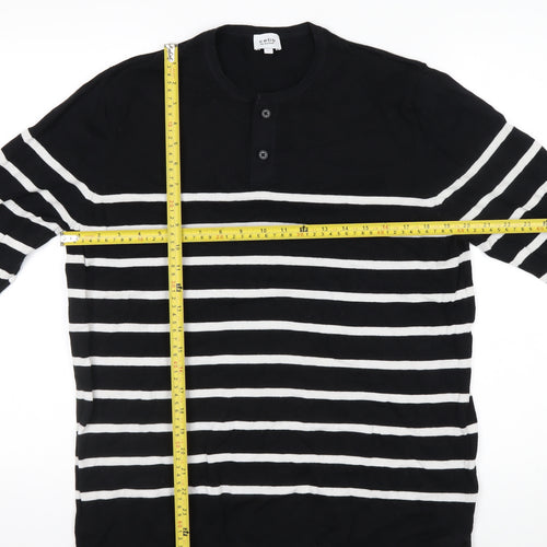Celio Men's Black Striped L Henley Jumper Cotton Knit