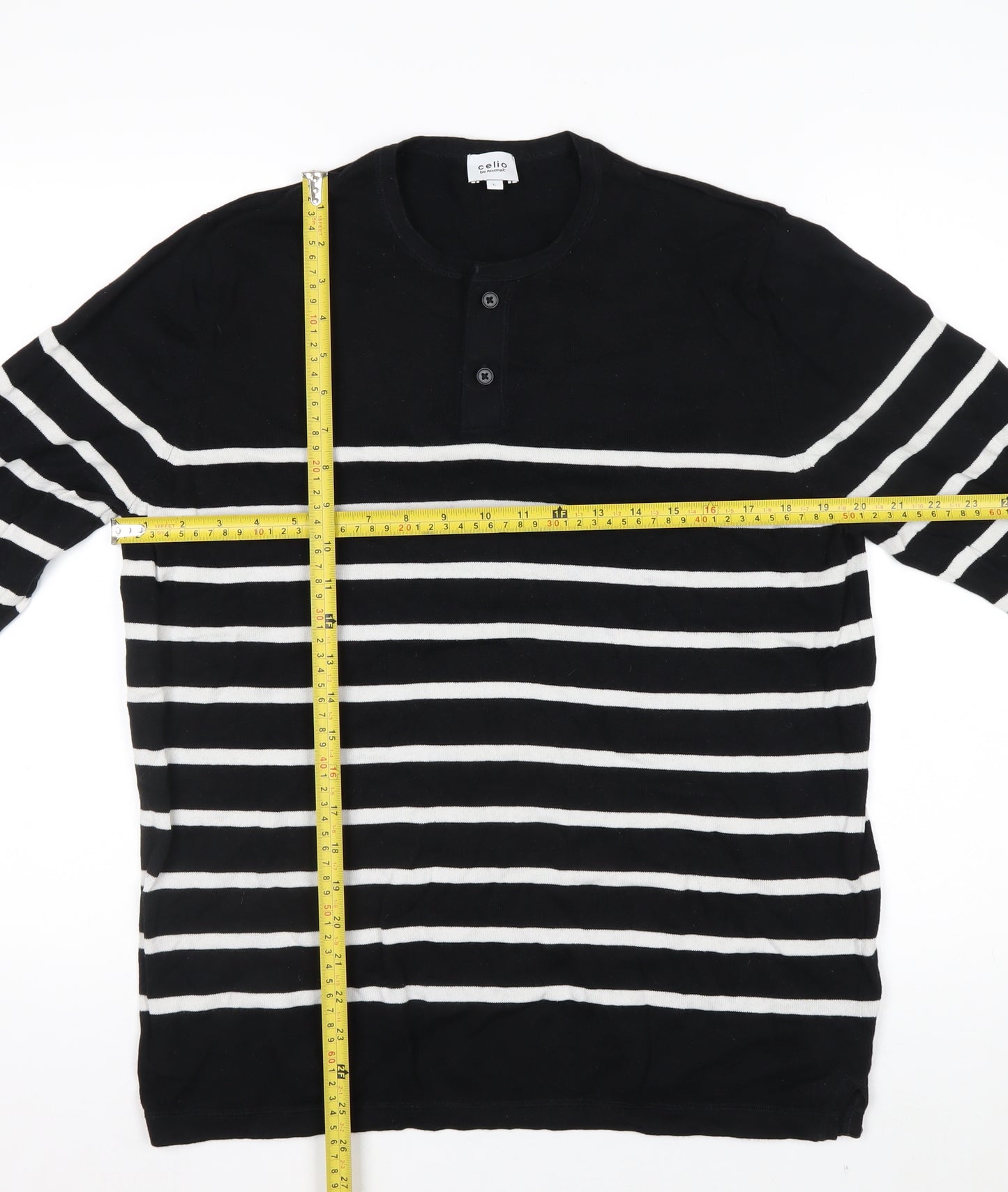 Celio Men's Black Striped L Henley Jumper Cotton Knit