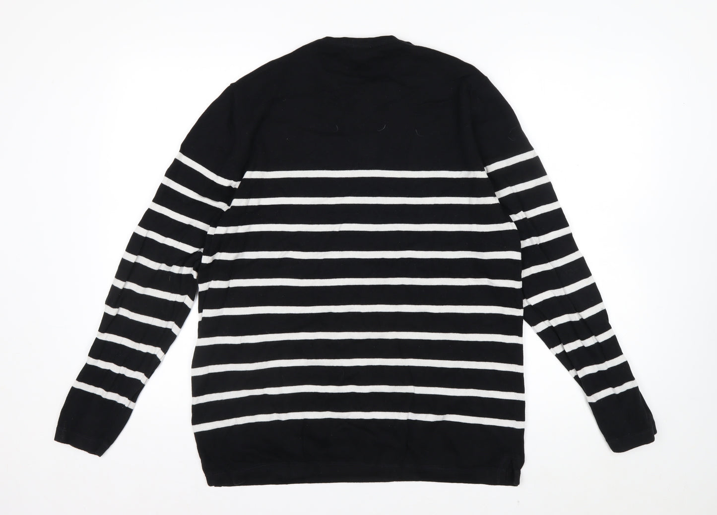 Celio Men's Black Striped L Henley Jumper Cotton Knit