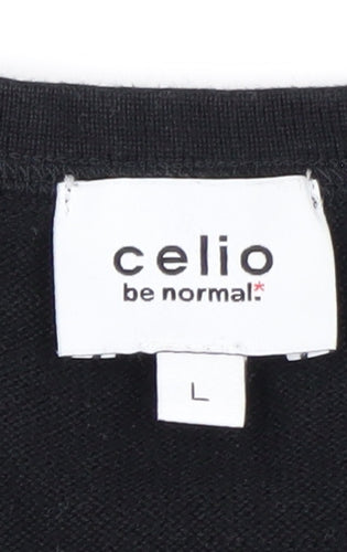 Celio Men's Black Striped L Henley Jumper Cotton Knit