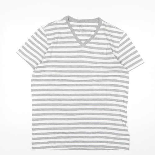 Gap Men's Grey White Striped V-Neck Cotton T-Shirt Size M