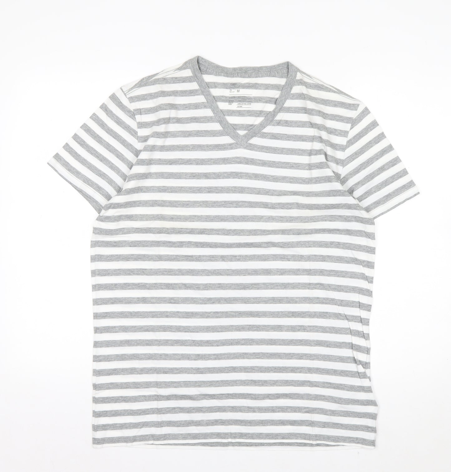 Gap Men's Grey White Striped V-Neck Cotton T-Shirt Size M