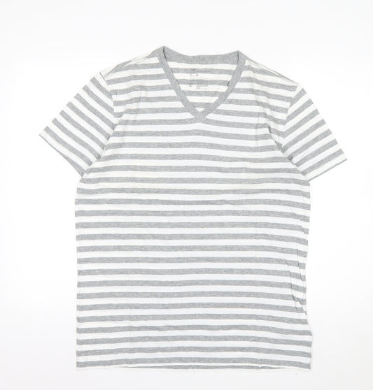 Gap Men's Grey White Striped V-Neck Cotton T-Shirt Size M