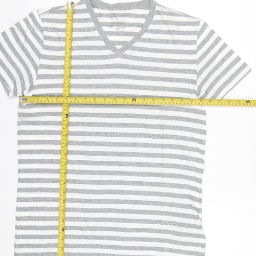 Gap Men's Grey White Striped V-Neck Cotton T-Shirt Size M