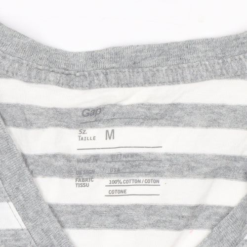 Gap Men's Grey White Striped V-Neck Cotton T-Shirt Size M
