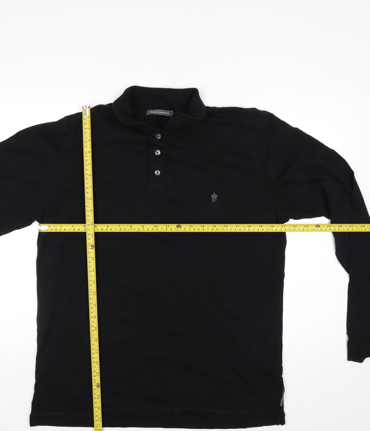 French Connection Men's Black XL Long Sleeve Cotton Polo Shirt