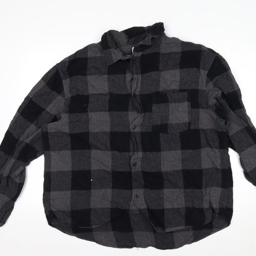 H&M Men’s Grey Black Check Cotton Button-Up Shirt XL Relaxed Fit