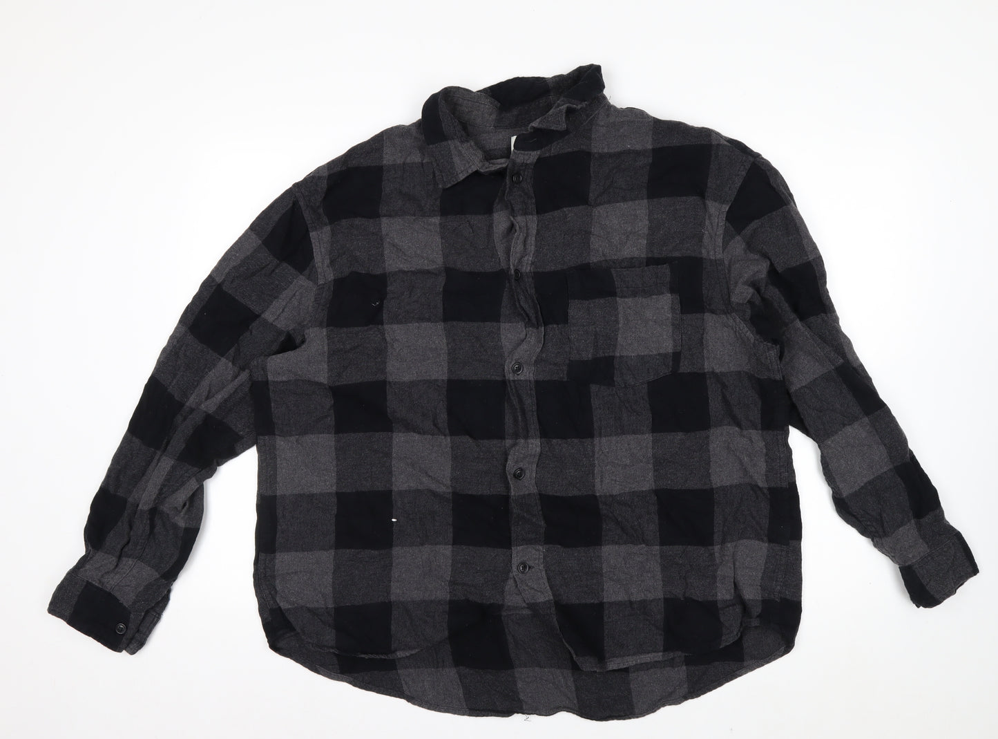 H&M Men’s Grey Black Check Cotton Button-Up Shirt XL Relaxed Fit